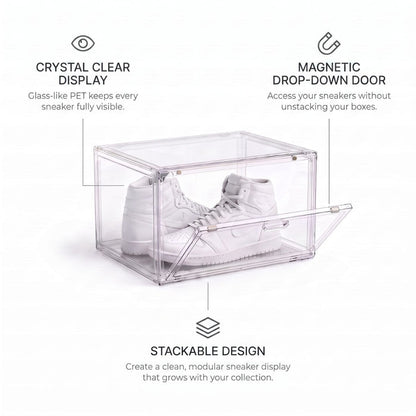 Transparent sneaker box with white sneakers inside, shown on a light gray background with feature callouts: crystal clear display, magnetic drop-down door, and stackable design.