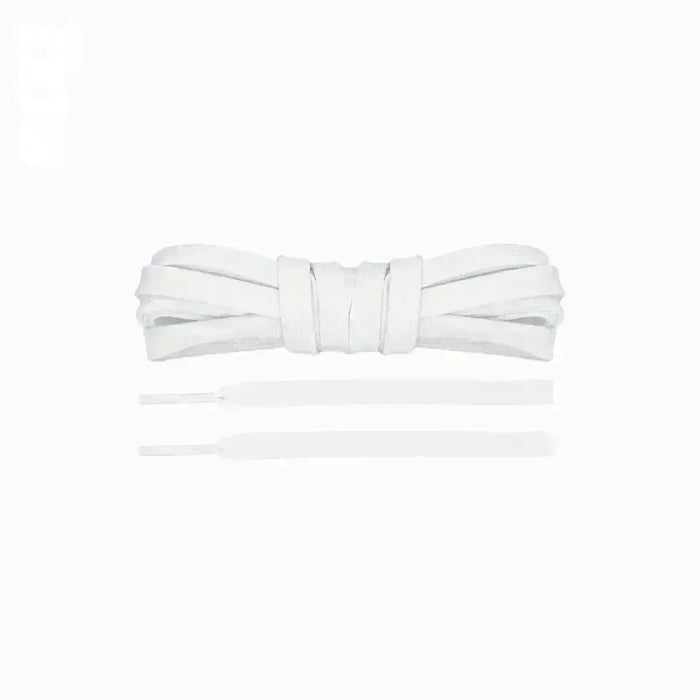 White flat shoelaces for running shoes, soccer cleats, and lifestyle sneakers. Durable, comfortable, and stylish replacements laces.