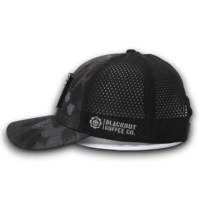 PYTHON BLACK CAMO HAT WITH AMERICAN FLAG PATCH and blackout coffe logo on the side