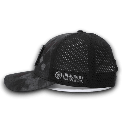 PYTHON BLACK CAMO HAT WITH AMERICAN FLAG PATCH and blackout coffe logo on the side
