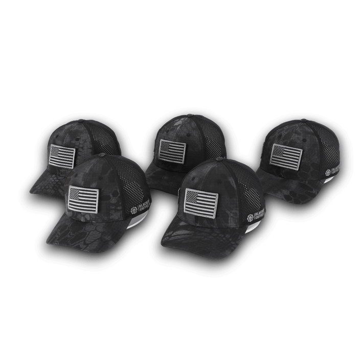 5 PYTHON BLACK CAMO HAT WITH AMERICAN FLAG PATCH and blackout coffe logo
