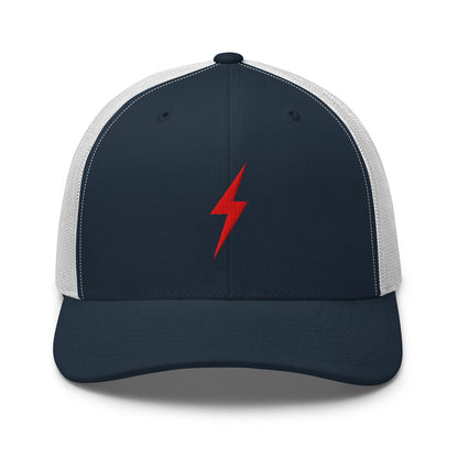 White and navy trucker hat with an embroidered red lightning bolt design on the front panel