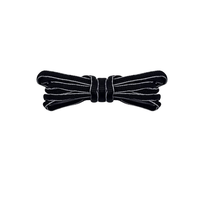 Black oval shoelaces with grey trim for Nike P-6000 and Adidas Climacool sneakers by Kicks Shoelaces.