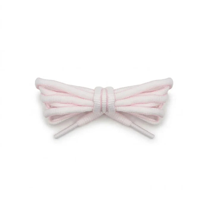 A pair of white shoelaces with a pink trim tied in a neat bow, displayed on a clean white background.