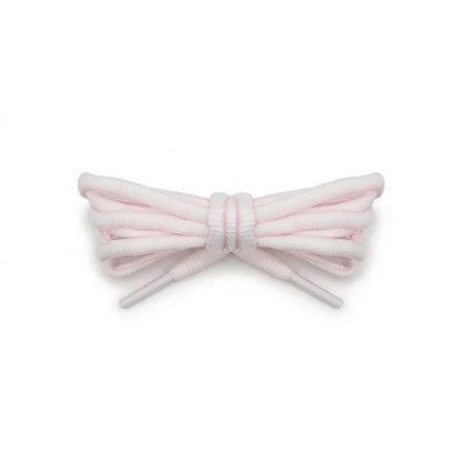 A pair of white shoelaces with a pink trim tied in a neat bow, displayed on a clean white background.