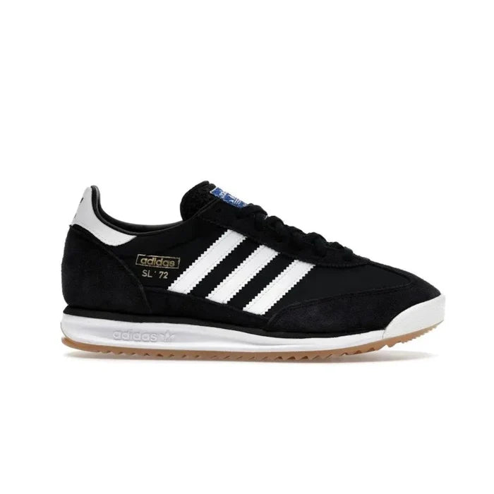Black Adidas SL 72 RS shoes with black cotton replacement laces by Kicks Shoelaces