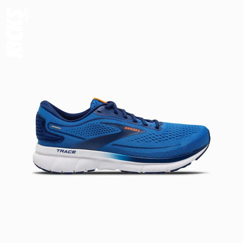 A pair of blue and white Brooks running shoes with replacement laces.