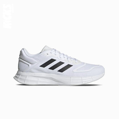 A white Adidas Duramo 10 running shoe with black stripes and Adidas branding on the side.