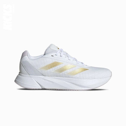 A pair of Adidas Duramo SL running shoes with white upper, white laces, and a gold Adidas logo on the side.
