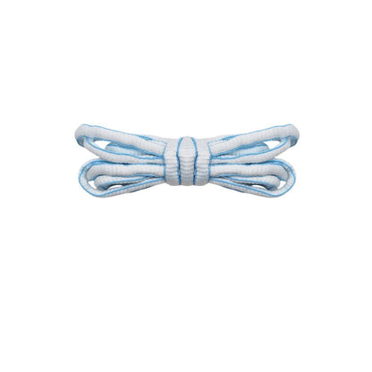 White oval shoelaces with blue trim for Nike P-6000 and Adidas Climacool sneakers by Kicks Shoelaces.