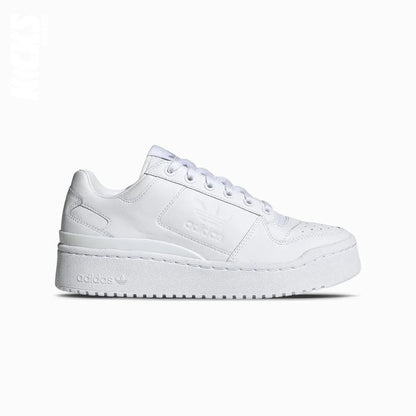 A white Adidas Forum Bold sneaker with replacement laces with the Adidas logo visible on the side.