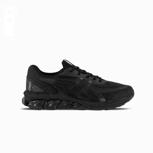 A pair of black Asics GEL-QUANTUM 180 replacement shoe laces on a white background.