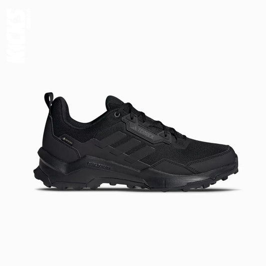 A pair of black Adidas GORE-TEX hiking shoes with replacement laces.