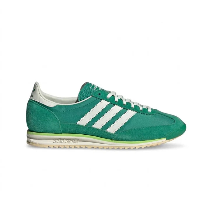 Green Adidas SL 72 OG shoes with white replacement laces by Kicks Shoelaces