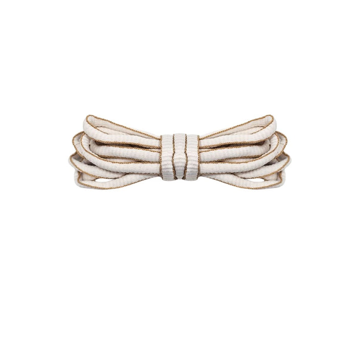 White oval shoelaces with beige trim for Nike P-6000 and Adidas Climacool sneakers by Kicks Shoelaces.