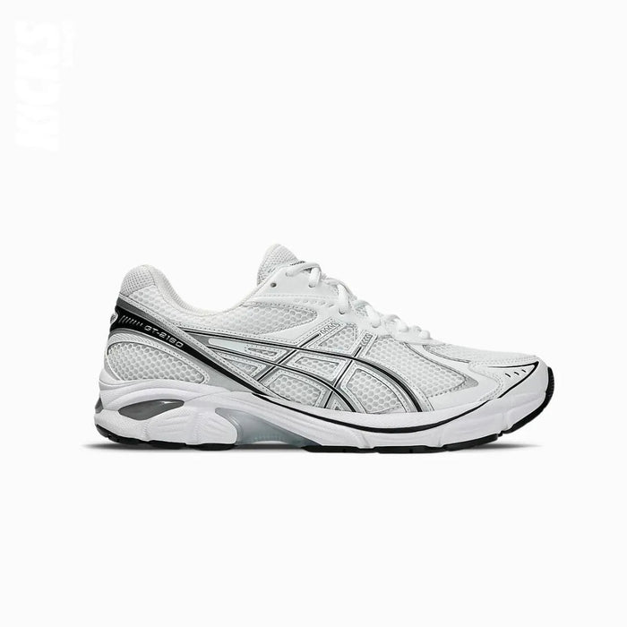 A pair of white Asics GT-2160 replacement shoe laces with plastic tips, designed to match white and black athletic shoes.