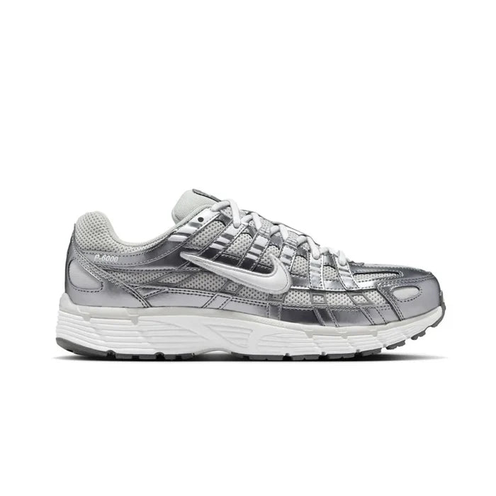 Nike P-6000 Metallic Silver with white and grey replacement laces by Kicks Shoelaces