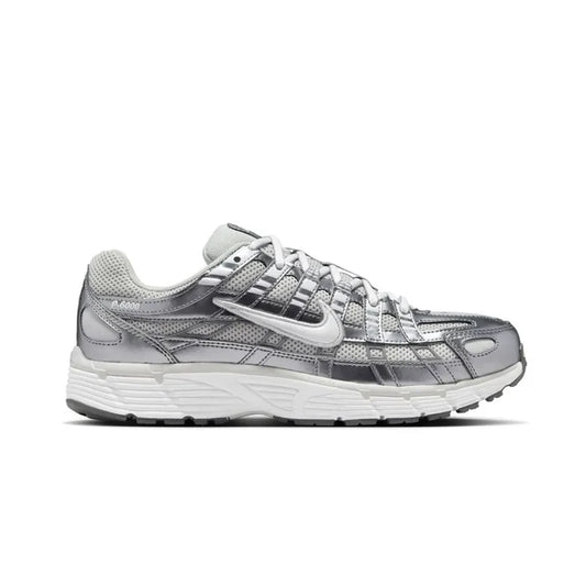Nike P-6000 Metallic Silver with white and grey replacement laces by Kicks Shoelaces