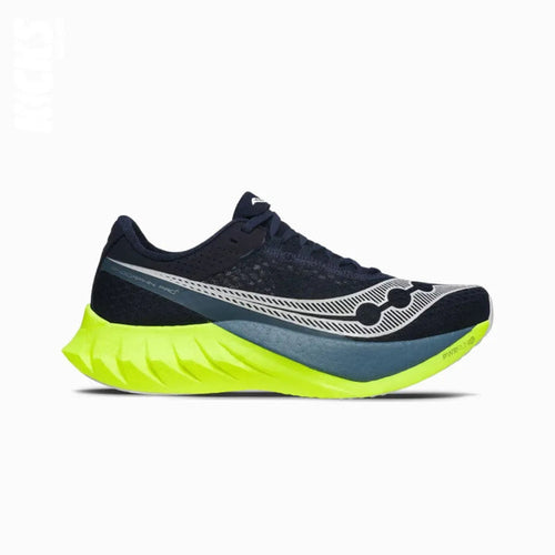 A pair of Saucony Endorphin Pro 4 replacement shoe laces with navy shoelaces and yellow accents by Kicks Shoelaces.