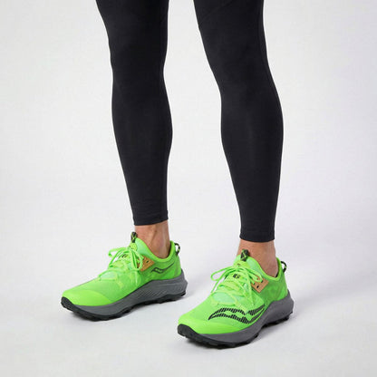 A pair of Saucony Endorphin Rift running shoes with green replacement shoe laces by Kicks Shoelaces.
