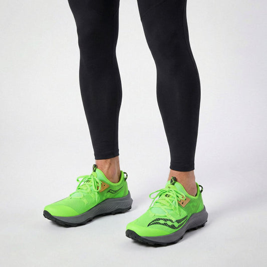 A pair of Saucony Endorphin Rift running shoes with green replacement shoe laces by Kicks Shoelaces.
