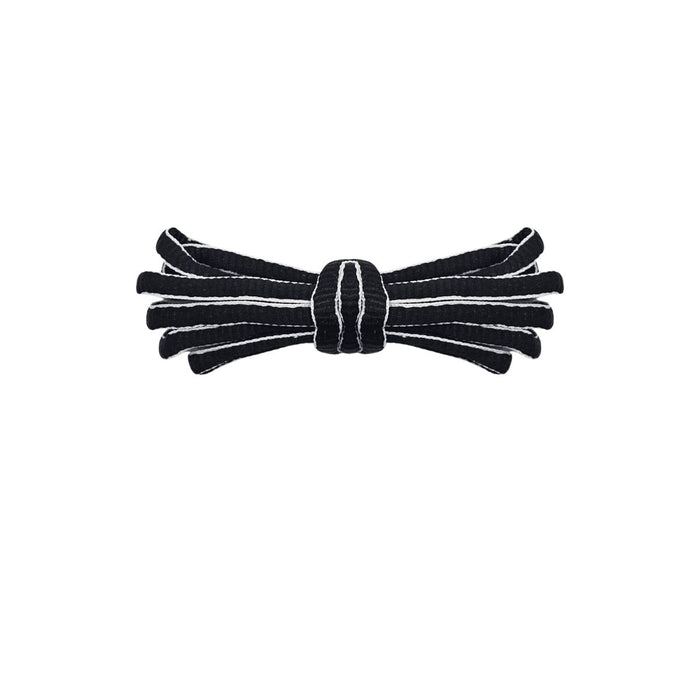 Black oval shoelaces with white trim for Nike P-6000 and Adidas Climacool sneakers by Kicks Shoelaces.
