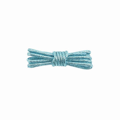 A pair of round, blue glitter shoelaces tied in a knot on a white background.