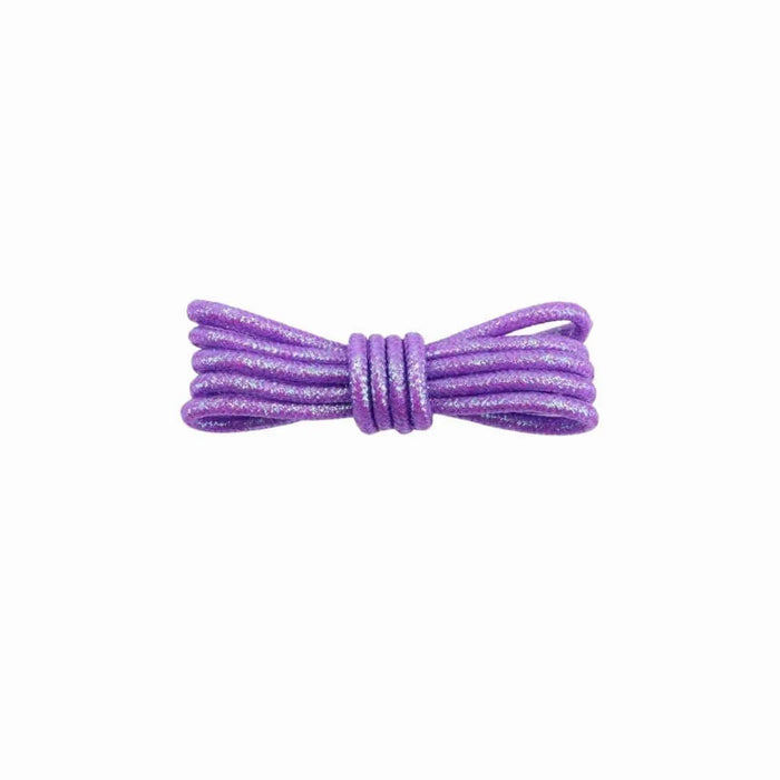 A pair of round, purple glitter shoelaces tied in a knot on a white background.