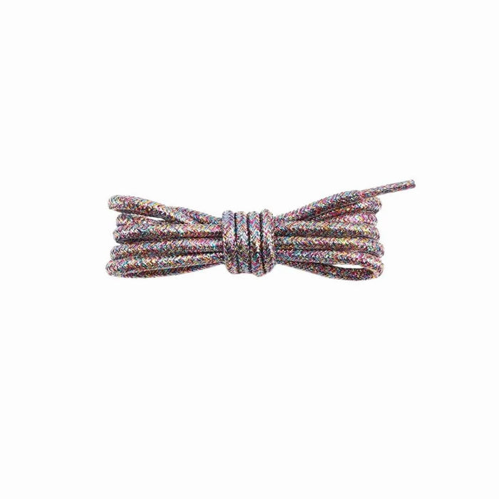 A pair of round, metallic glitter shoelaces tied in a knot on a white background.