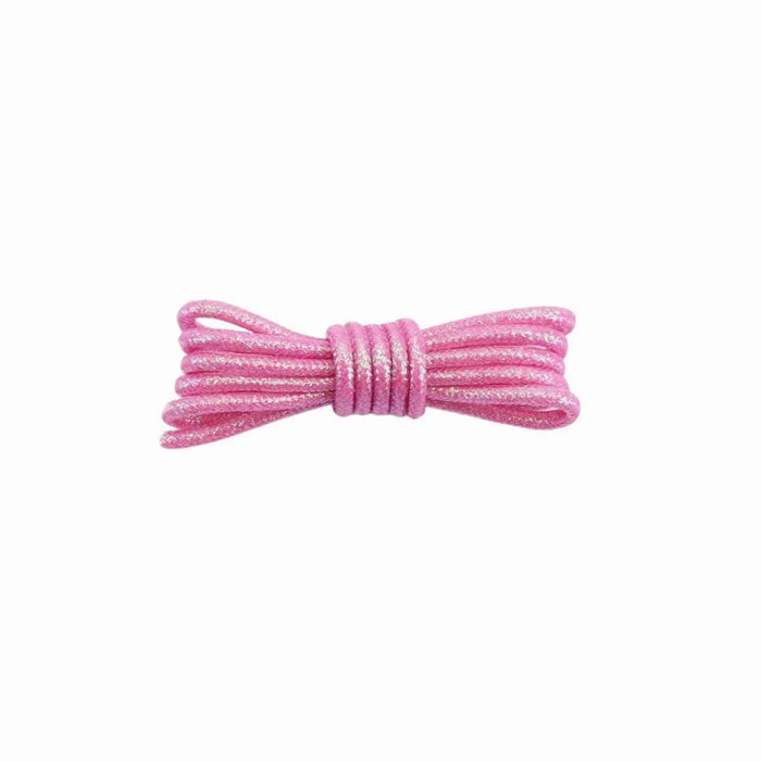 A pair of round, rose glitter shoelaces tied in a knot on a white background.