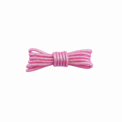 A pair of round, rose glitter shoelaces tied in a knot on a white background.
