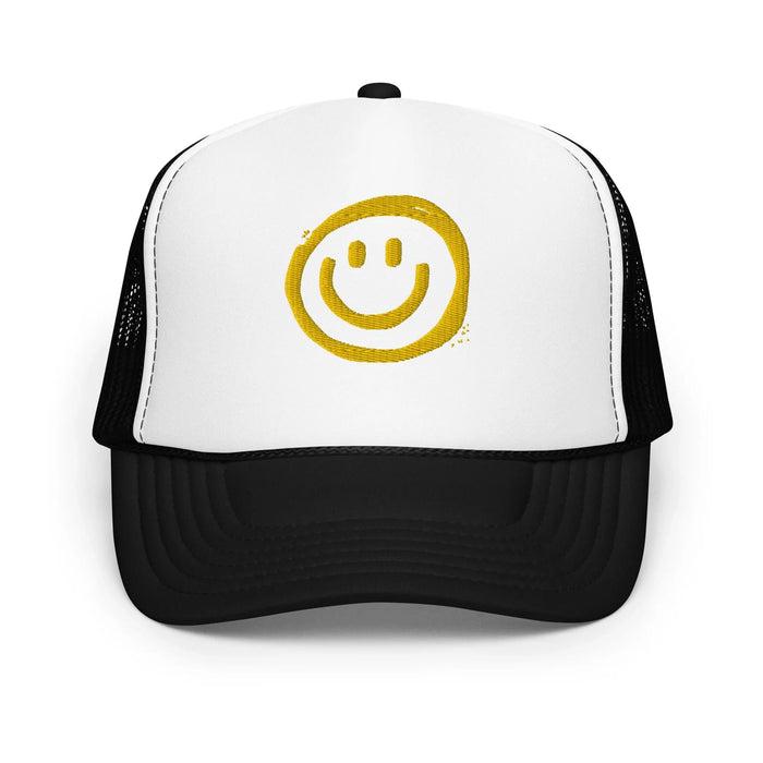 Black / White / Black / One Size Fits Most / Smiley Face Hat | Embroidered