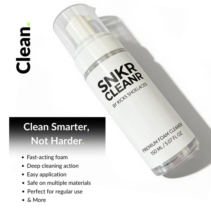 Foam sneaker cleaner applied to shoes for deep cleaning and stain removal on midsoles and uppers