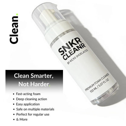 Foam sneaker cleaner applied to shoes for deep cleaning and stain removal on midsoles and uppers