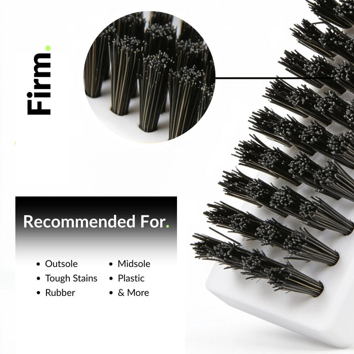 Firm nylon brush included in a sneaker cleaning kit used for deep cleaning rubber soles and removing tough dirt and grime from sneakers