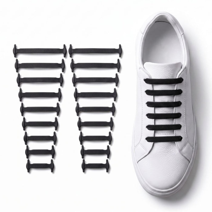 Premium silicone no-tie shoelaces fitted to a white sneaker with the complete silicone lace set