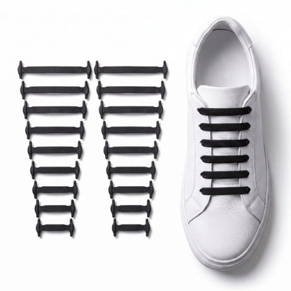 Premium silicone no-tie shoelaces fitted to a white sneaker with the complete silicone lace set