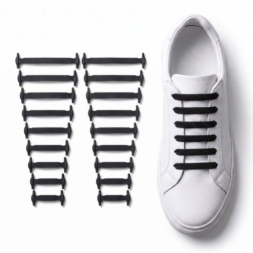 Premium silicone no-tie shoelaces fitted to a white sneaker with the complete silicone lace set
