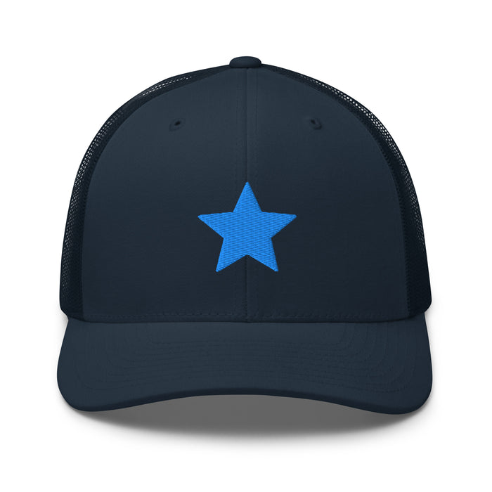 Navy trucker hat with embroidered blue star by Kicks Shoelaces
