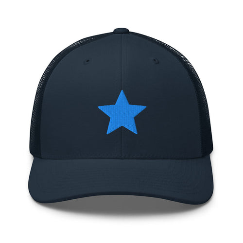 Navy trucker hat with embroidered blue star by Kicks Shoelaces