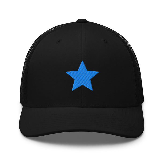 Black trucker hat with embroidered blue star by Kicks Shoelaces