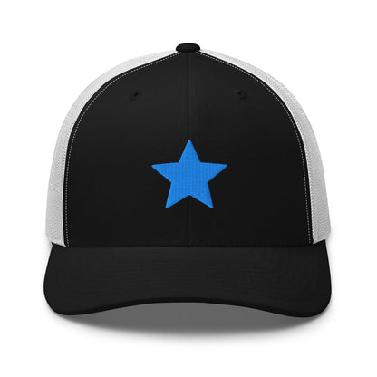 Black and white trucker hat with embroidered blue star by Kicks Shoelaces