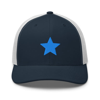 Navy and white trucker hat with embroidered blue star by Kicks Shoelaces