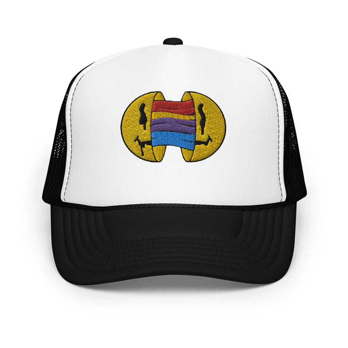 Black / White / Black / One Size Fits Most / Smiley Face Hat | Embroidered