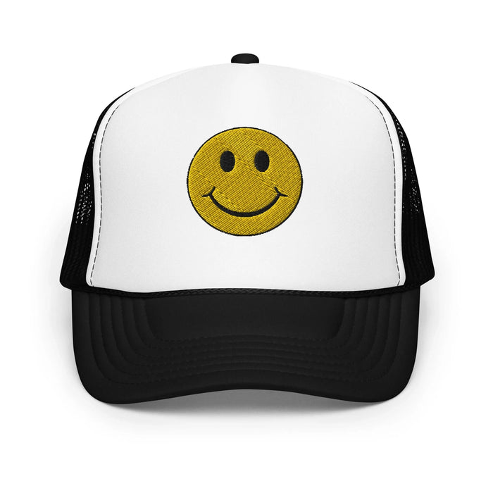 Black / White / Black / One Size Fits Most / Smiley Face Hat | Embroidered