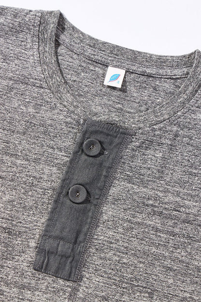 SS-5397-DGY] Ribbed Cuff Henley Neck T-shirt - Dark Heather Gray