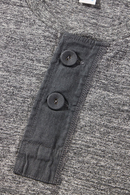 SS-5397-DGY] Ribbed Cuff Henley Neck T-shirt - Dark Heather Gray