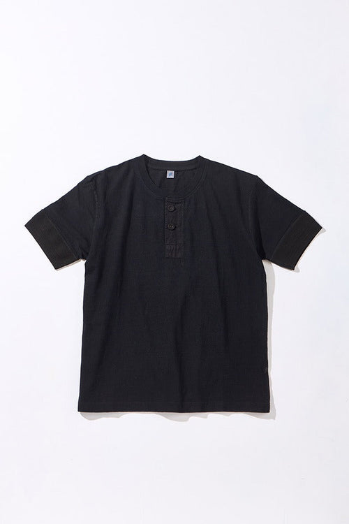 SS-5397-IDBK] Ribbed Cuff Henley Neck T-shirt - Indigo Black