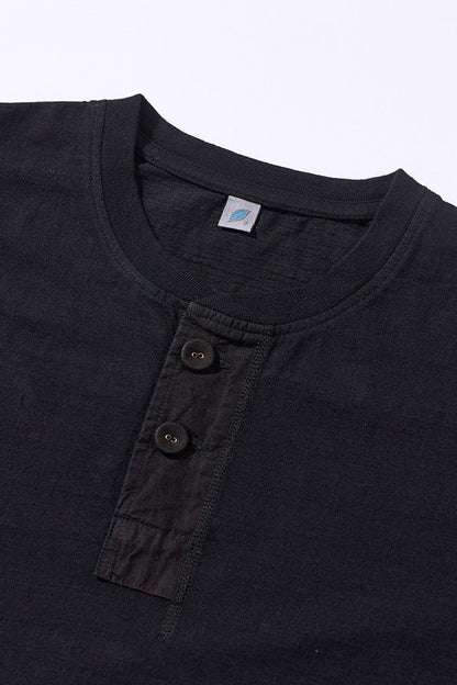 SS-5397-IDBK] Ribbed Cuff Henley Neck T-shirt - Indigo Black