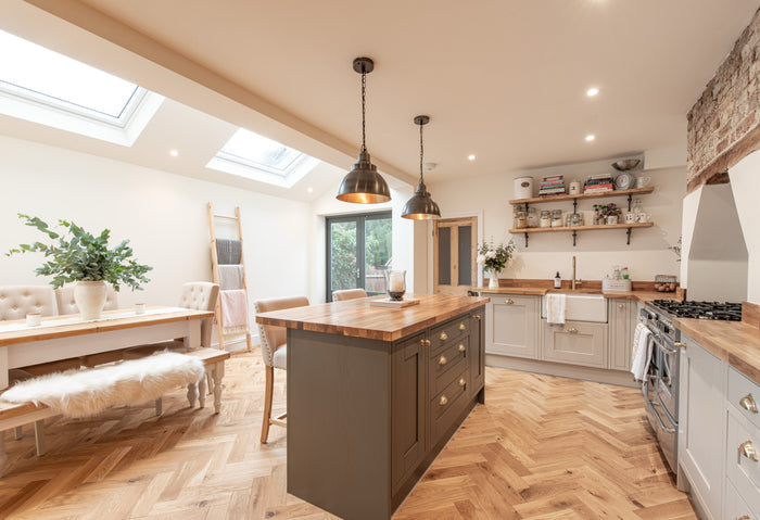 Kitchen with Deco Brushed Matt Oak herringbone wood floors